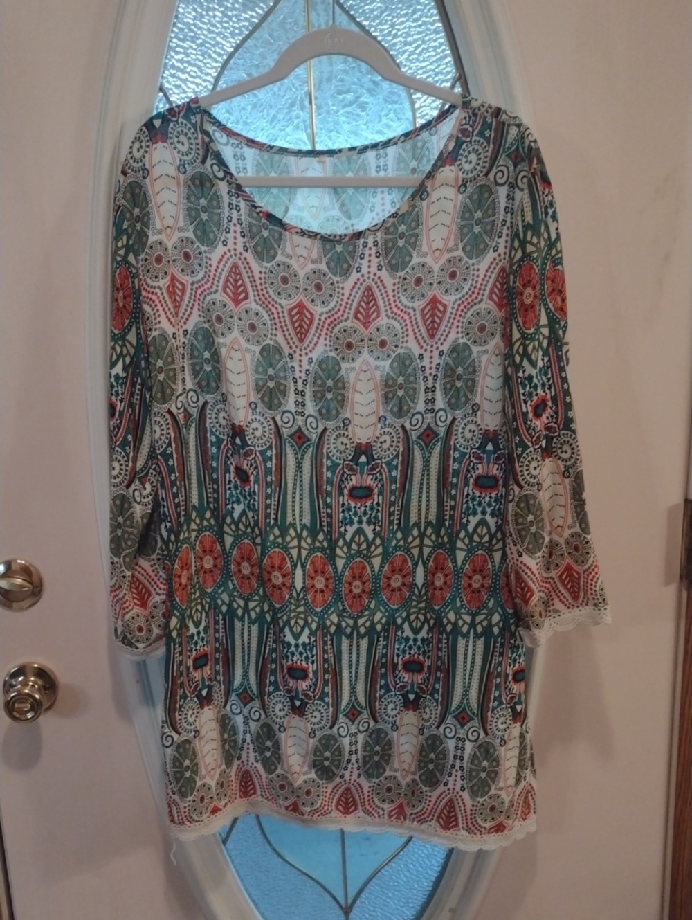 Printed Lace-Trim Women’s Tunic Top in Teal & Coral